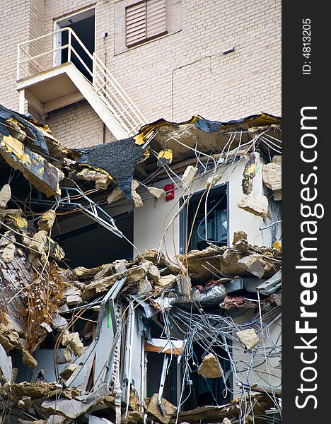 Top levels of building demolition - before and after - steps leading down to destruction - part of series. Top levels of building demolition - before and after - steps leading down to destruction - part of series