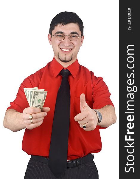 Businessman holding money isolated on white background