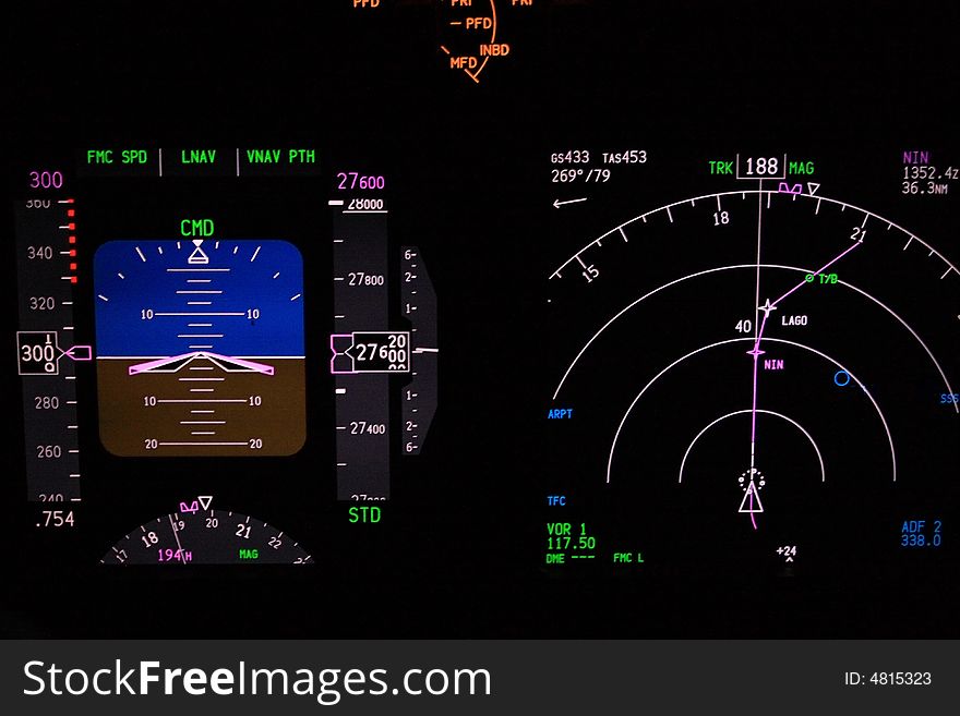 Modern aircraft instrument in night function, this advanced indicator was called glass cokpit. Modern aircraft instrument in night function, this advanced indicator was called glass cokpit.