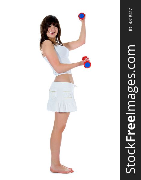 Girl practicing fitness  on  white  background