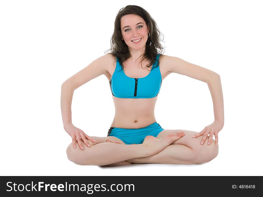 Girl practicing fitness  on  white  background