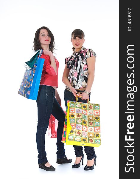 Expressive girls  on white background  shopping. Expressive girls  on white background  shopping