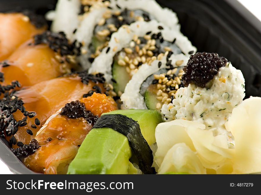 Close up picture of a sushi take-away meal