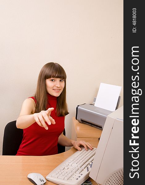 Nice caucasian girl at offce pointing with finger. Nice caucasian girl at offce pointing with finger