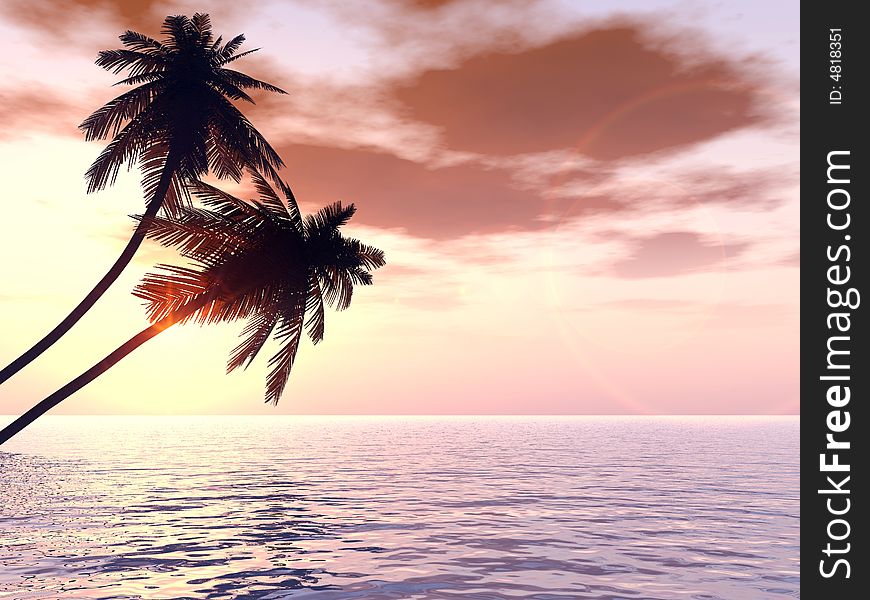 Sunset coconut palm trees on small island - 3d illustration.