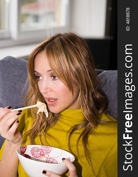 Woman Eating Chinese Food