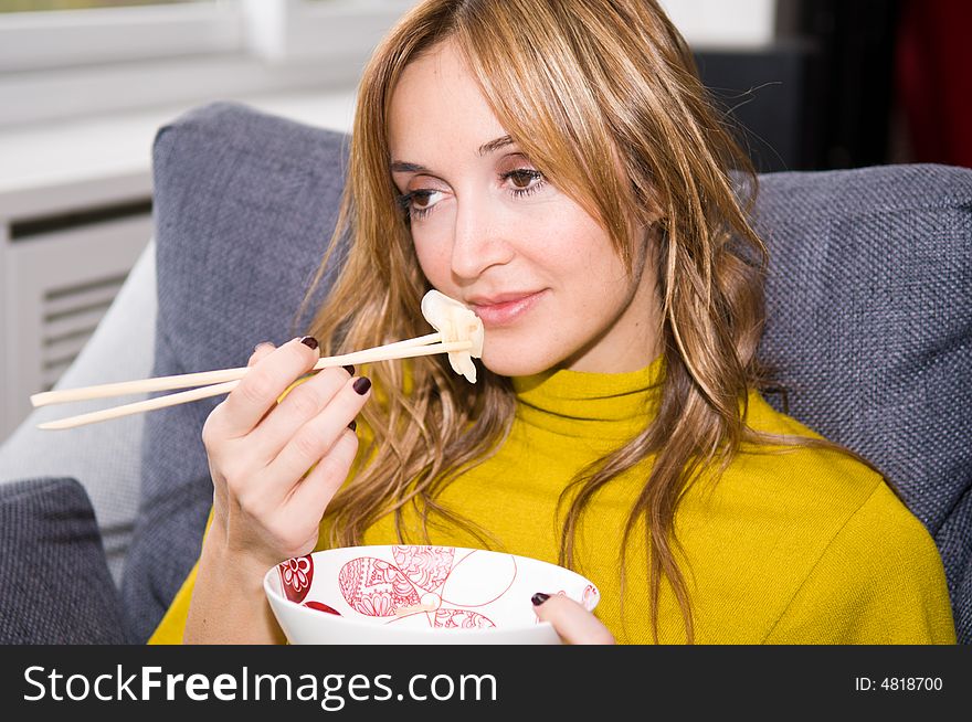 Woman Eating Chinese Food