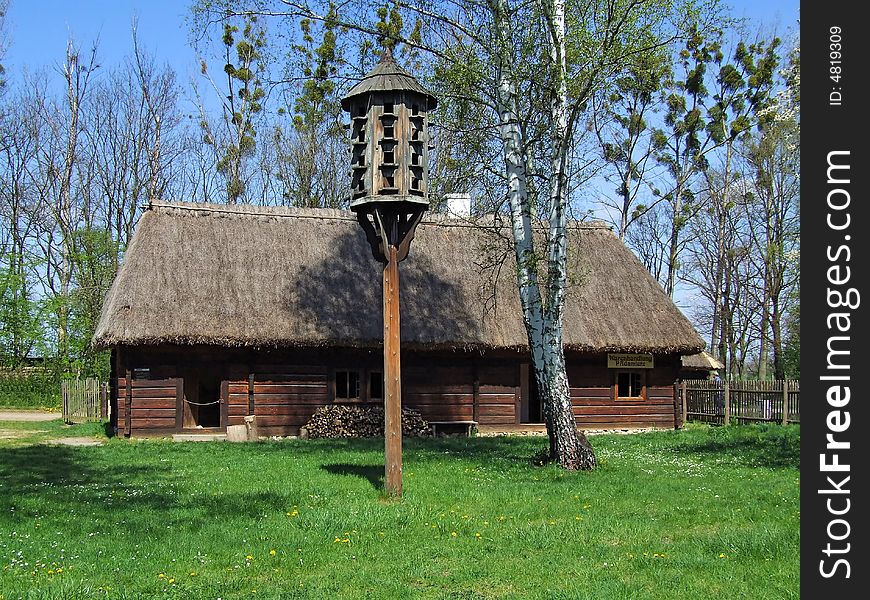 Old wooden hut in village, green grass around