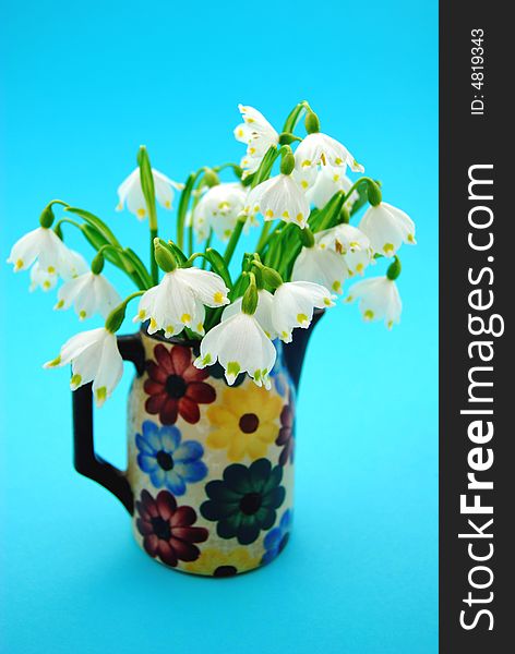 Spring flowers in vase on blue background