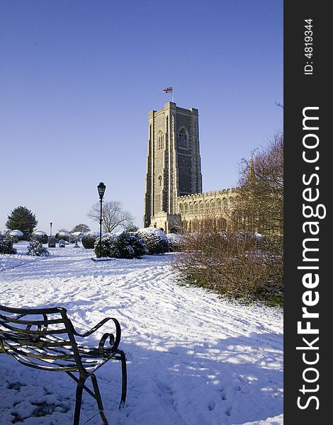 View of a church in the snow. View of a church in the snow