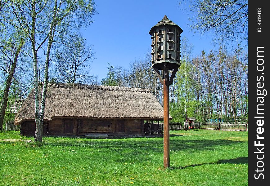 Old wooden hut in village, green grass around
