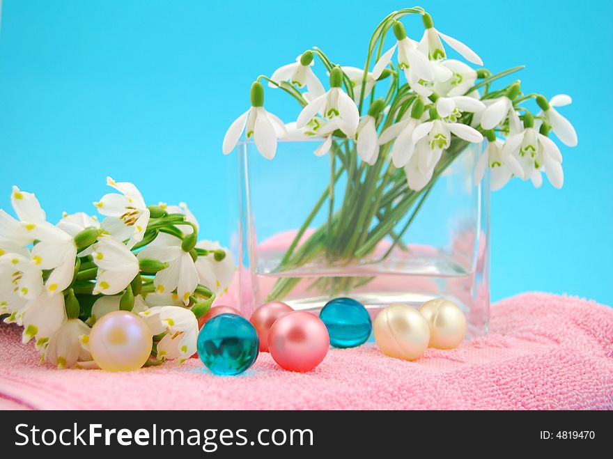 Bath oil and spring flowers in vase on blue background. Bath oil and spring flowers in vase on blue background