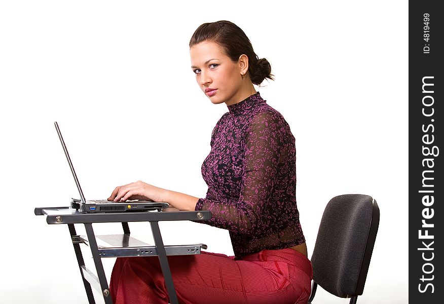 Nice caucasian girl with laptop isolated on white. Nice caucasian girl with laptop isolated on white