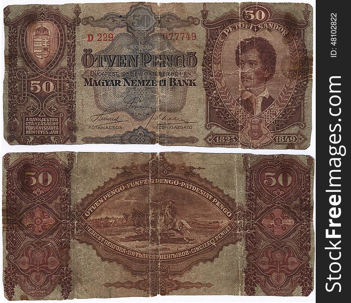 Old money. 50 pengo. Two sides of old Magyar banknote