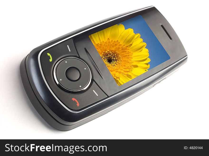 Small and modern mobile phone isolated on white background with yellow flower on the screen