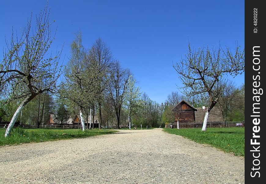 Old wooden hut in village, green grass around