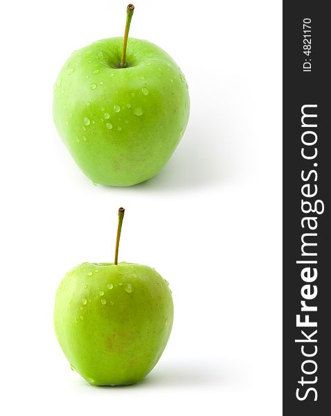 Isolated wet green apple in different views