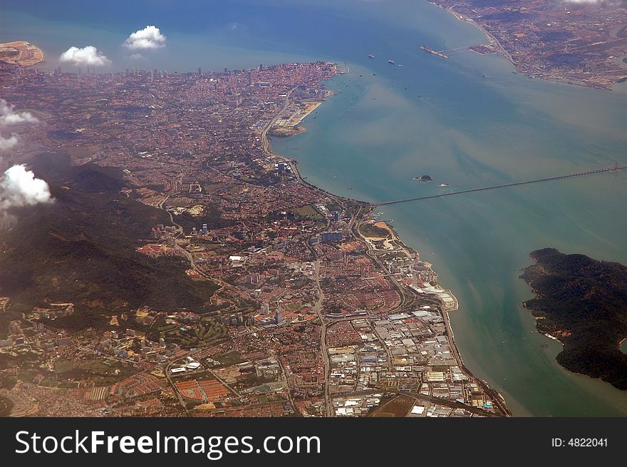 Malaysia, Penang: aerial view; coast with emerald waters