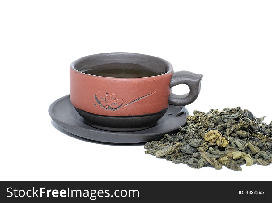 Green tea in a ceramic cup on a white background