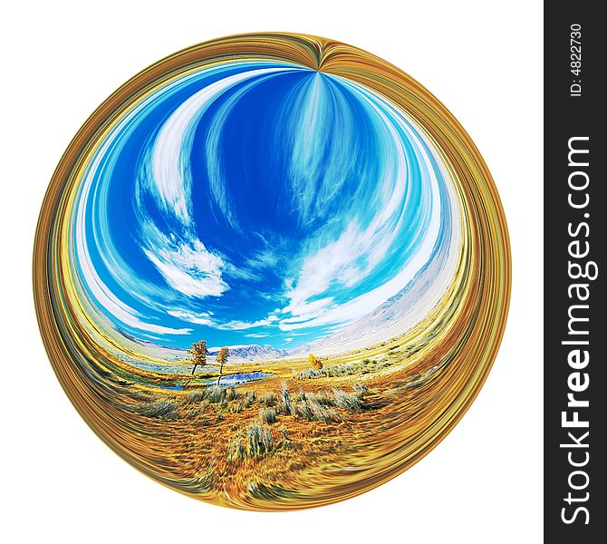 Abstract landscape with the blue sky inside of circle. Illustration.