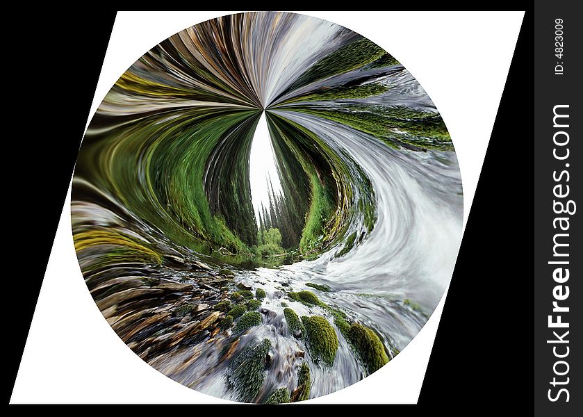 Abstract landscape with the river inside of circle. Illustration.