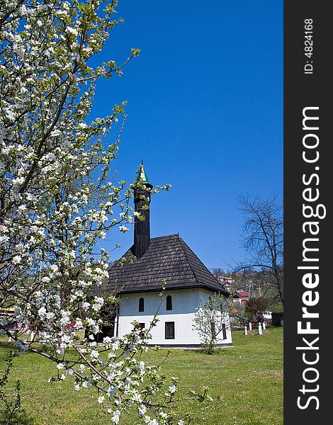 Old ottoman mosque and the orchard blossom tree in the courtyard. Old ottoman mosque and the orchard blossom tree in the courtyard