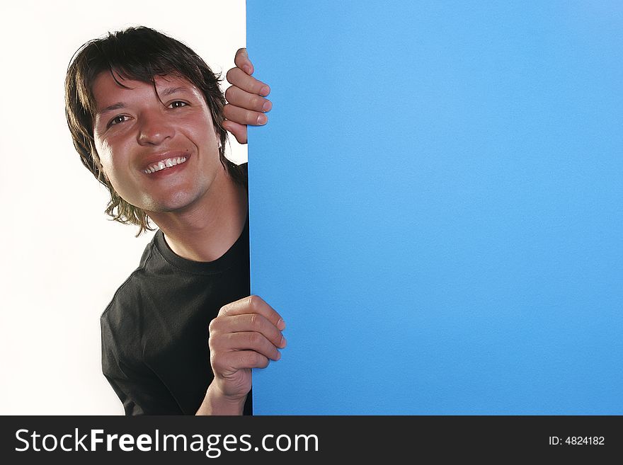 Man with smile holding a blue billboard. Man with smile holding a blue billboard