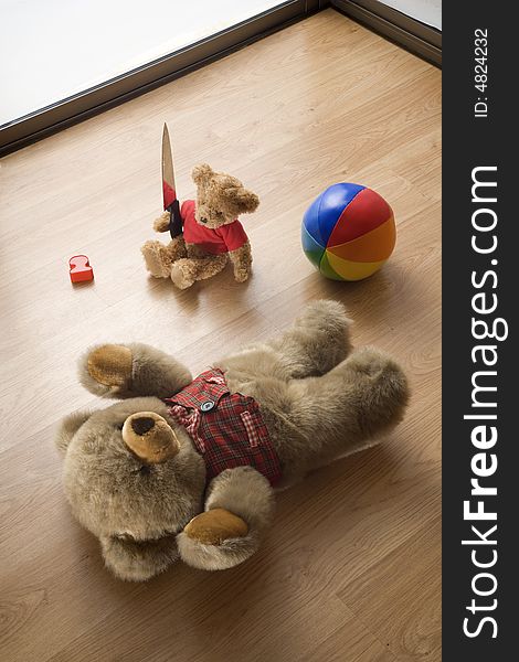 Toy teddy bears in a assassination scene. Toy teddy bears in a assassination scene