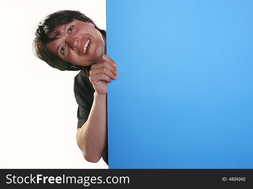 Man with smile holding a blue billboard. Man with smile holding a blue billboard