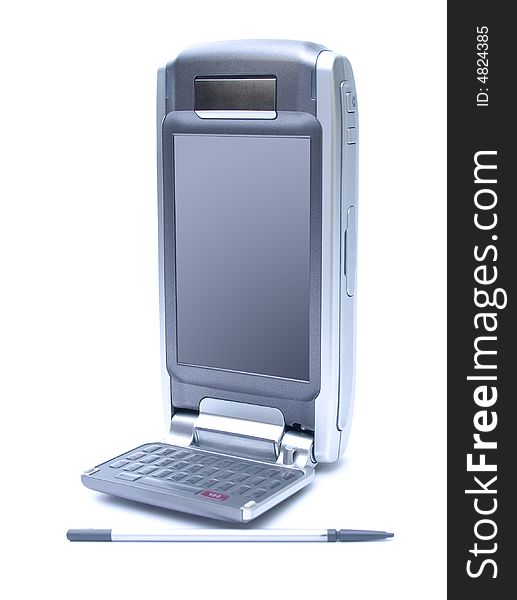 PDA with stylus and flip keyboard on white background, with clipping path for device, stylus and device screen