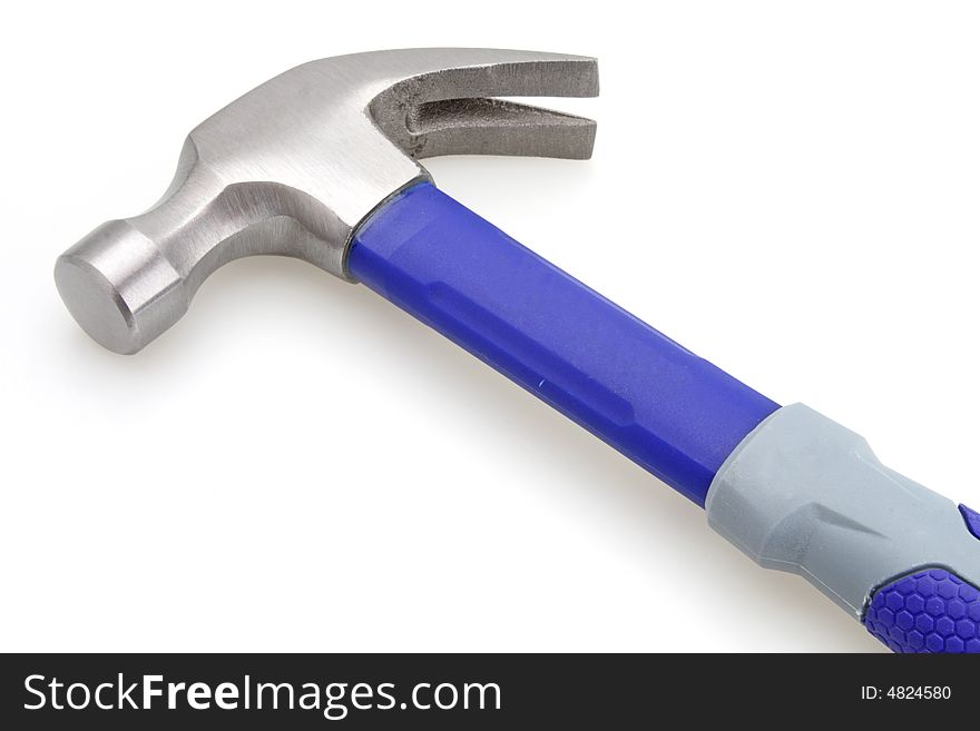 Blue handle hammer and gray construction tool