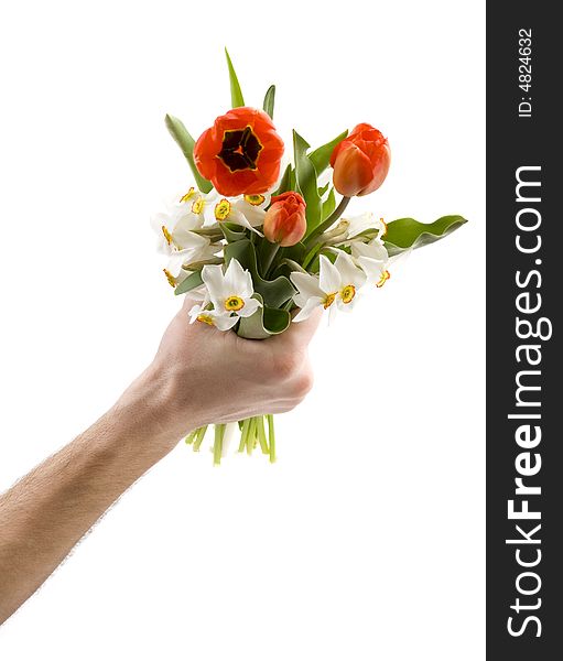 Man holding bouquet of white narcissus and red tulips, spring flowers