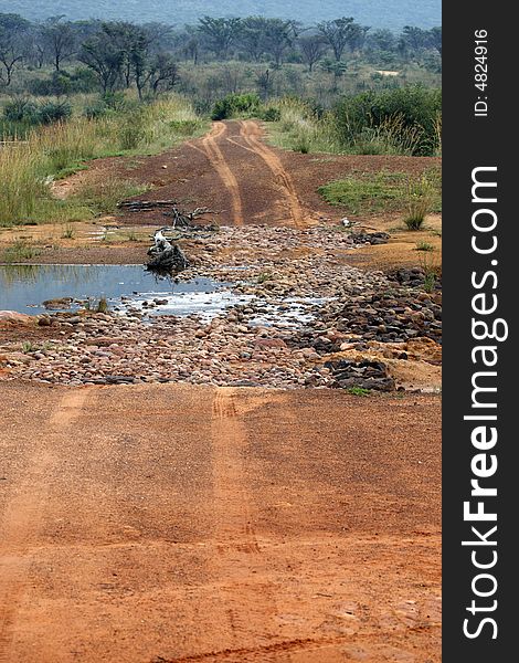 Dirt track crossing a stream within entabeni game reserve welgevonden waterberg limpopo province south africa