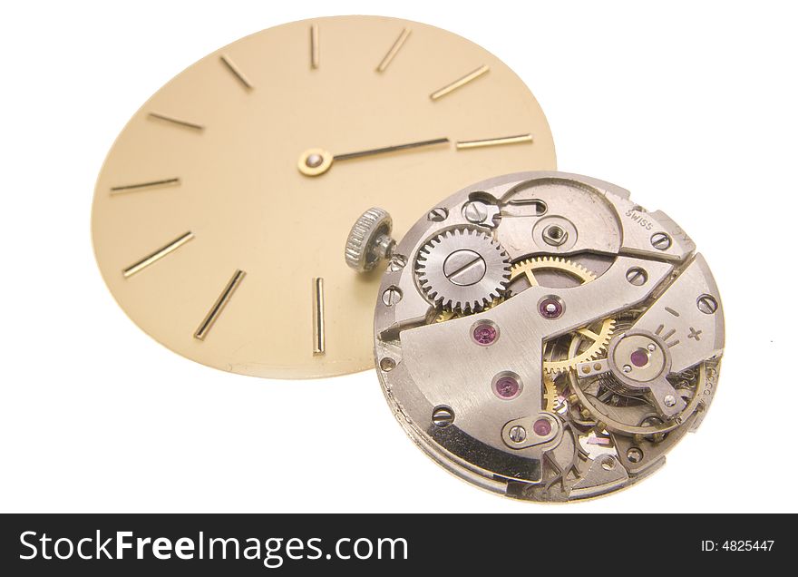 Detailed view of watch mechanism and clock scale on the white background. Detailed view of watch mechanism and clock scale on the white background