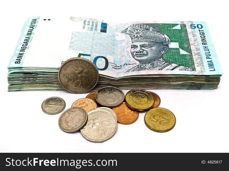 RM50 banknote and coins with white background. RM50 banknote and coins with white background