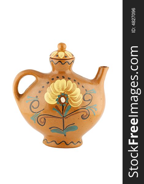 Old teapot with painting (flower pattern), isolated. Old teapot with painting (flower pattern), isolated