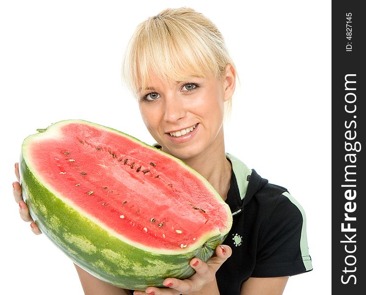 Beautiful young fruit-grower hold on a water-melon