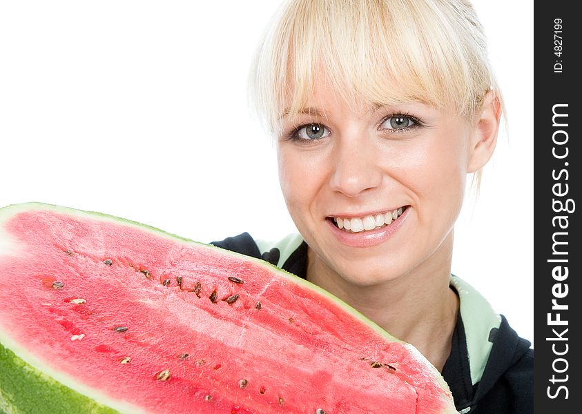 Beautiful young fruit-grower hold on a water-melon