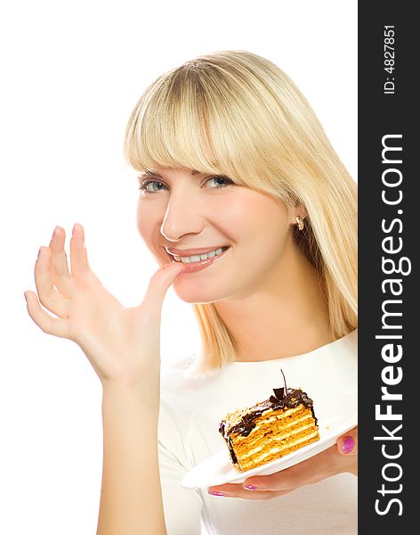 Beautiful young woman with chocolate cake isolated on white background