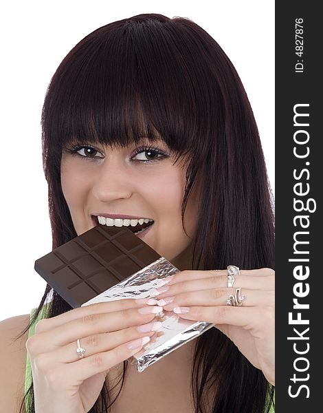 Woman with a chocolate against a white background