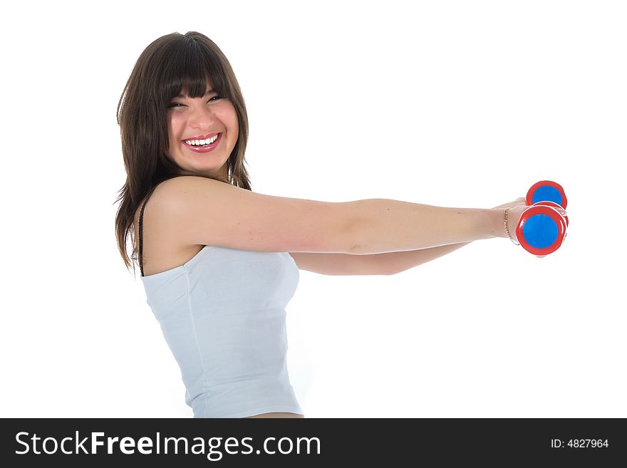 Girl practicing fitness  on  white  background