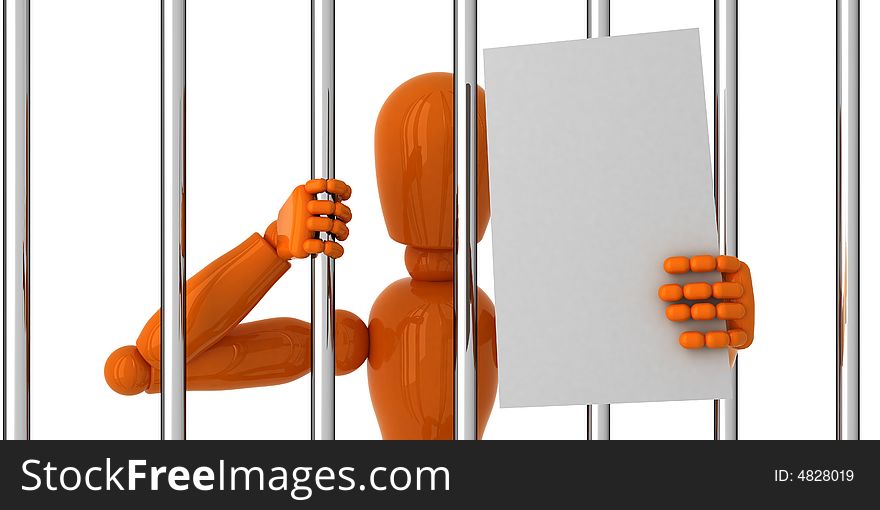 Orange mannequin to be behind bars with blank papper. Orange mannequin to be behind bars with blank papper.