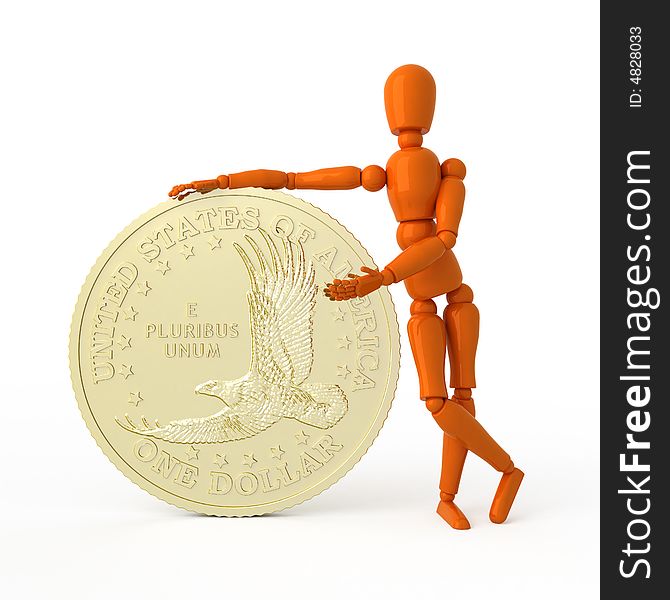 Orange mannequin with dollar coin. Orange mannequin with dollar coin.