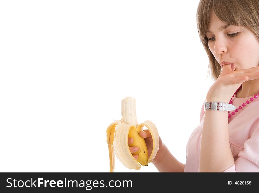 The Young Attractive Girl With A Banana Isolated