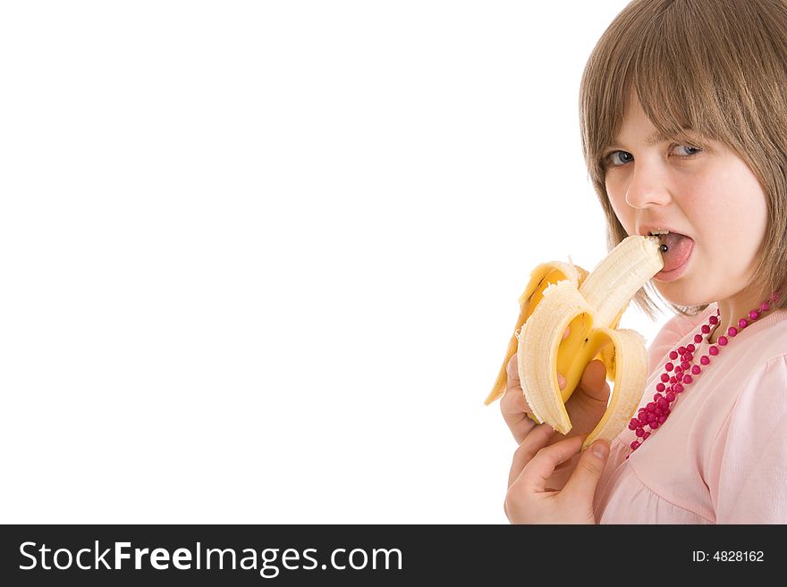 The young attractive girl with a banana isolated on a white background