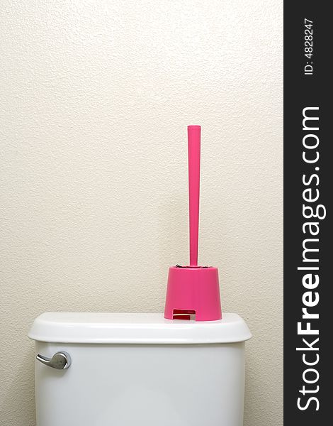 A toilet brush sitting on the back of a toilet
