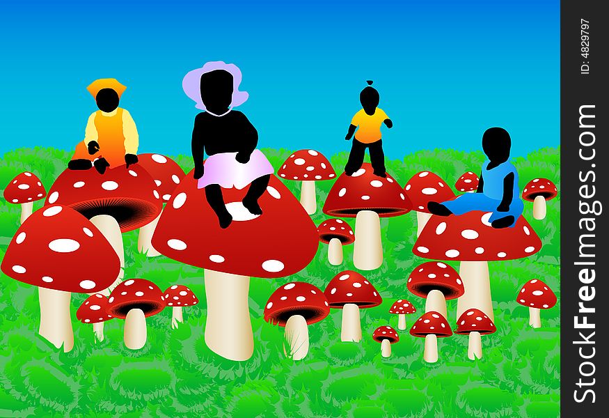Illustration of kids and mushrooms