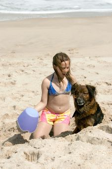 Girl In The Sand With Dog Royalty Free Stock Photo Girl In The Sand With Dog Royalty Free Stock Photo
