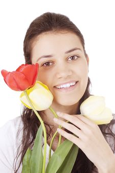 Young Woman Holding Tulips Stock Photo Young Woman Holding Tulips Stock Photo