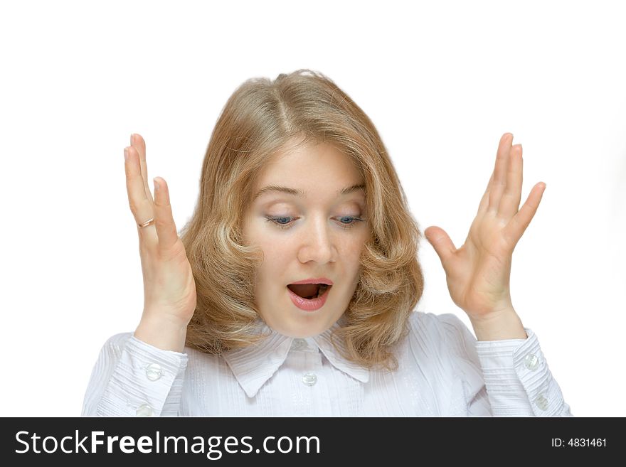 Astonished women with blue eyes isolated over white